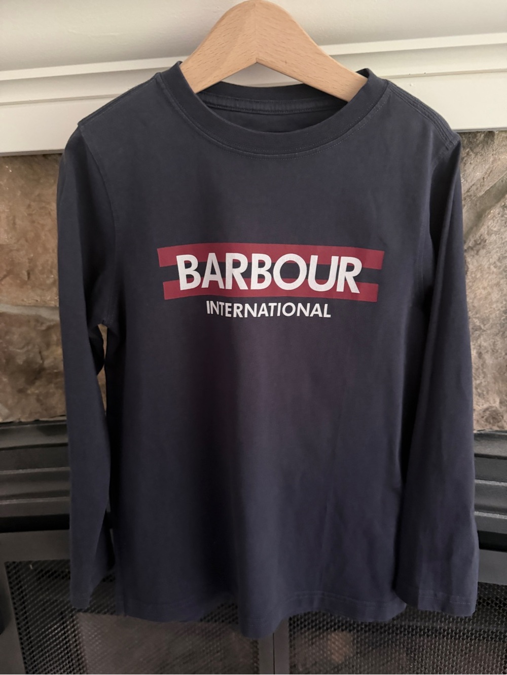 Barbour Navy Long Sleeve Logo Tee with Burgundy Accent